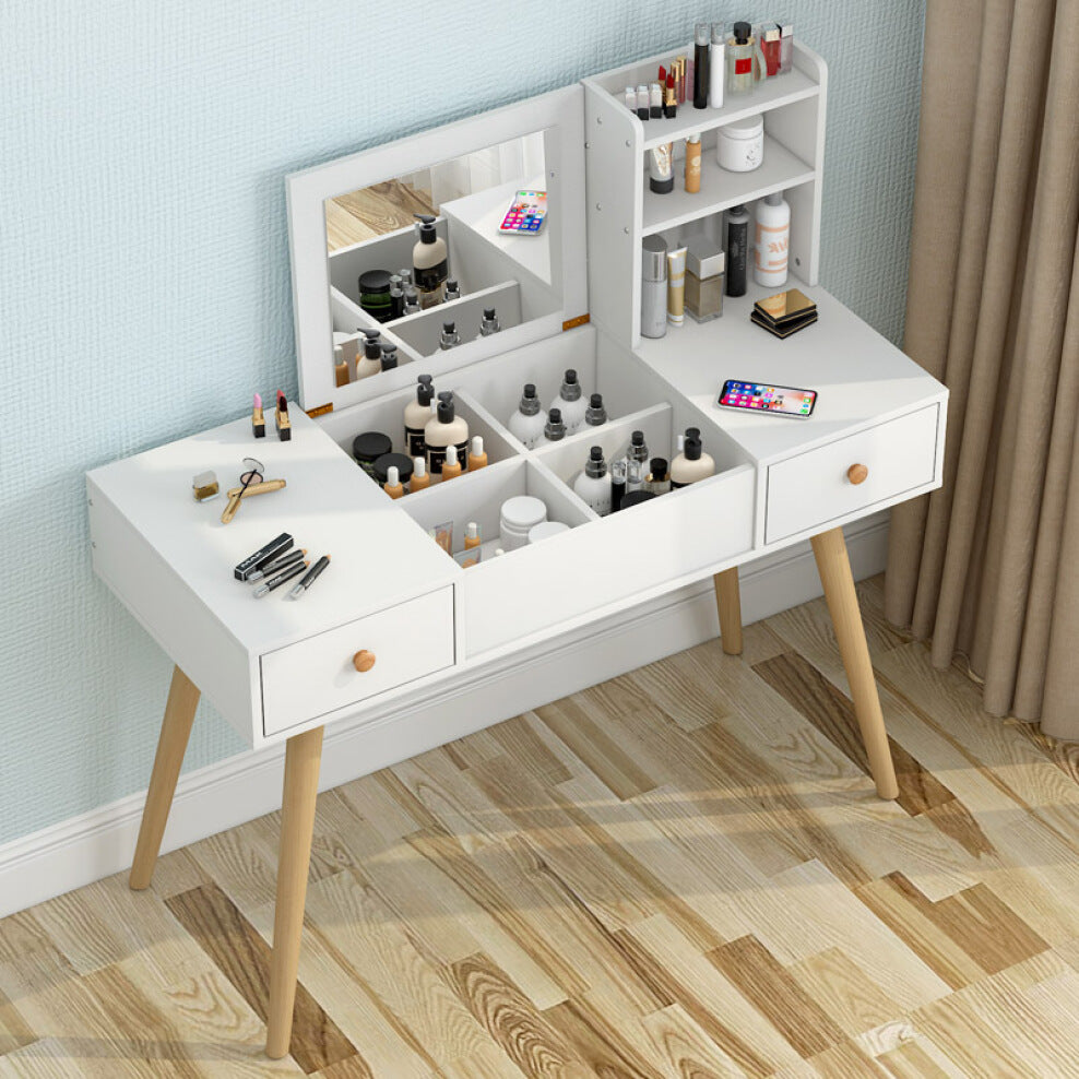 Glam Large Dresser Vanity Table with Mirror, Stool and Storage Shelves Set (White)