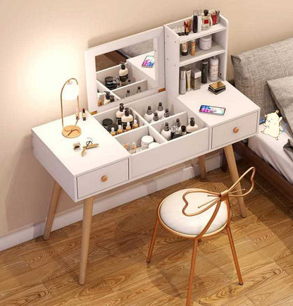 Glam Large Dresser Vanity Table with Mirror, Stool and Storage Shelves Set (White)