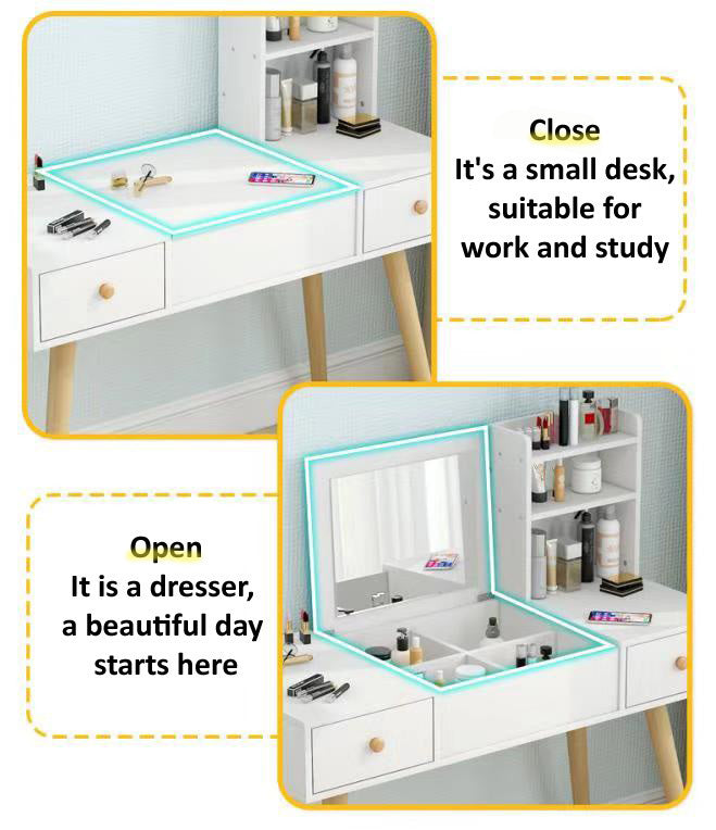 Glam Large Dresser Vanity Table with Mirror, Stool and Storage Shelves Set (White)