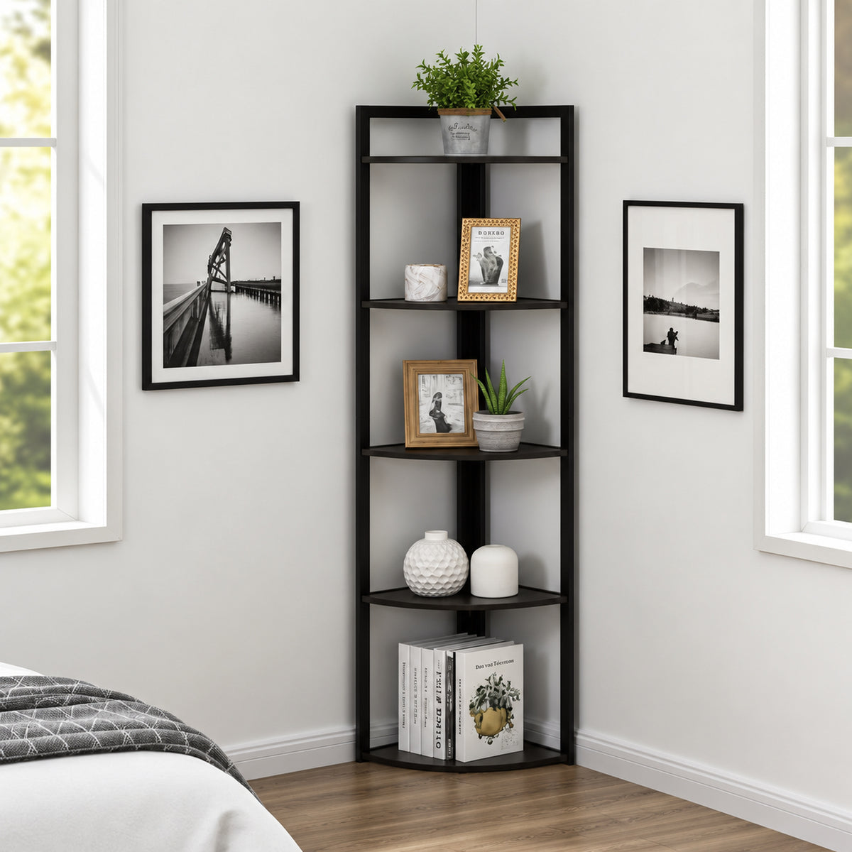 Optima 5 Tier Wood & Steel Corner Shelf Organizer Unit (Black)