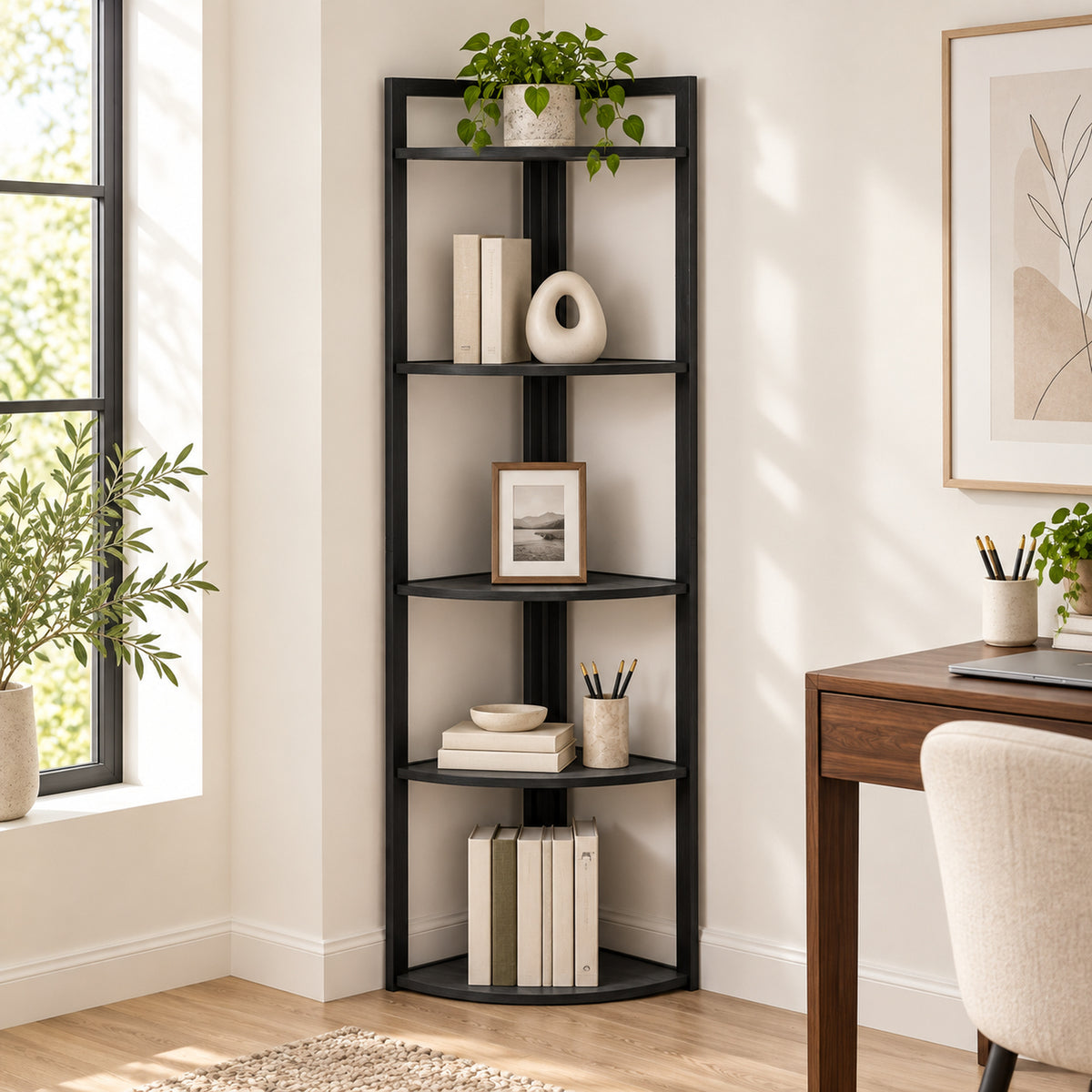 Optima 5 Tier Wood & Steel Corner Shelf Organizer Unit (Black)