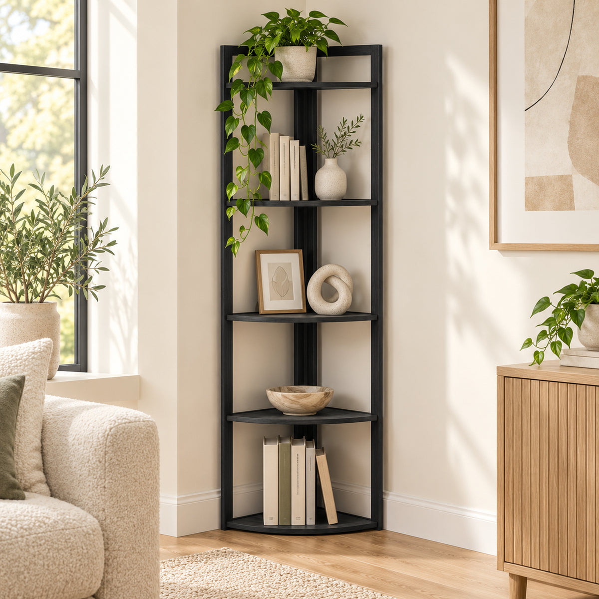 Optima 5 Tier Wood & Steel Corner Shelf Organizer Unit (Black)