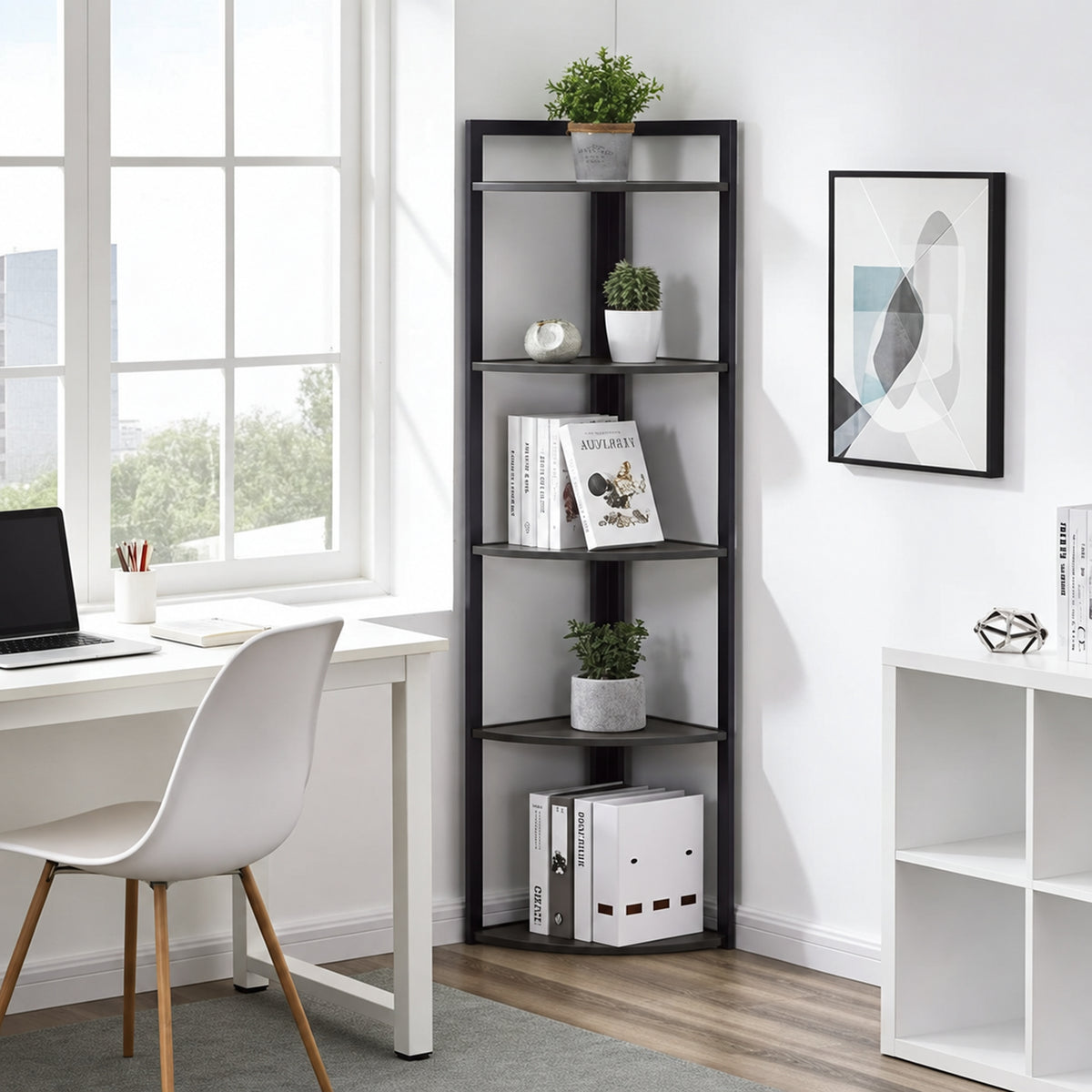 Optima 5 Tier Wood & Steel Corner Shelf Organizer Unit (Black)