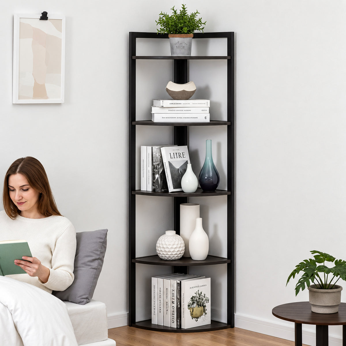 Optima 5 Tier Wood & Steel Corner Shelf Organizer Unit (Black)