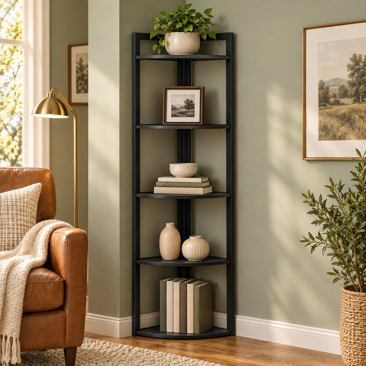 Optima 5 Tier Wood & Steel Corner Shelf Organizer Unit (Black)