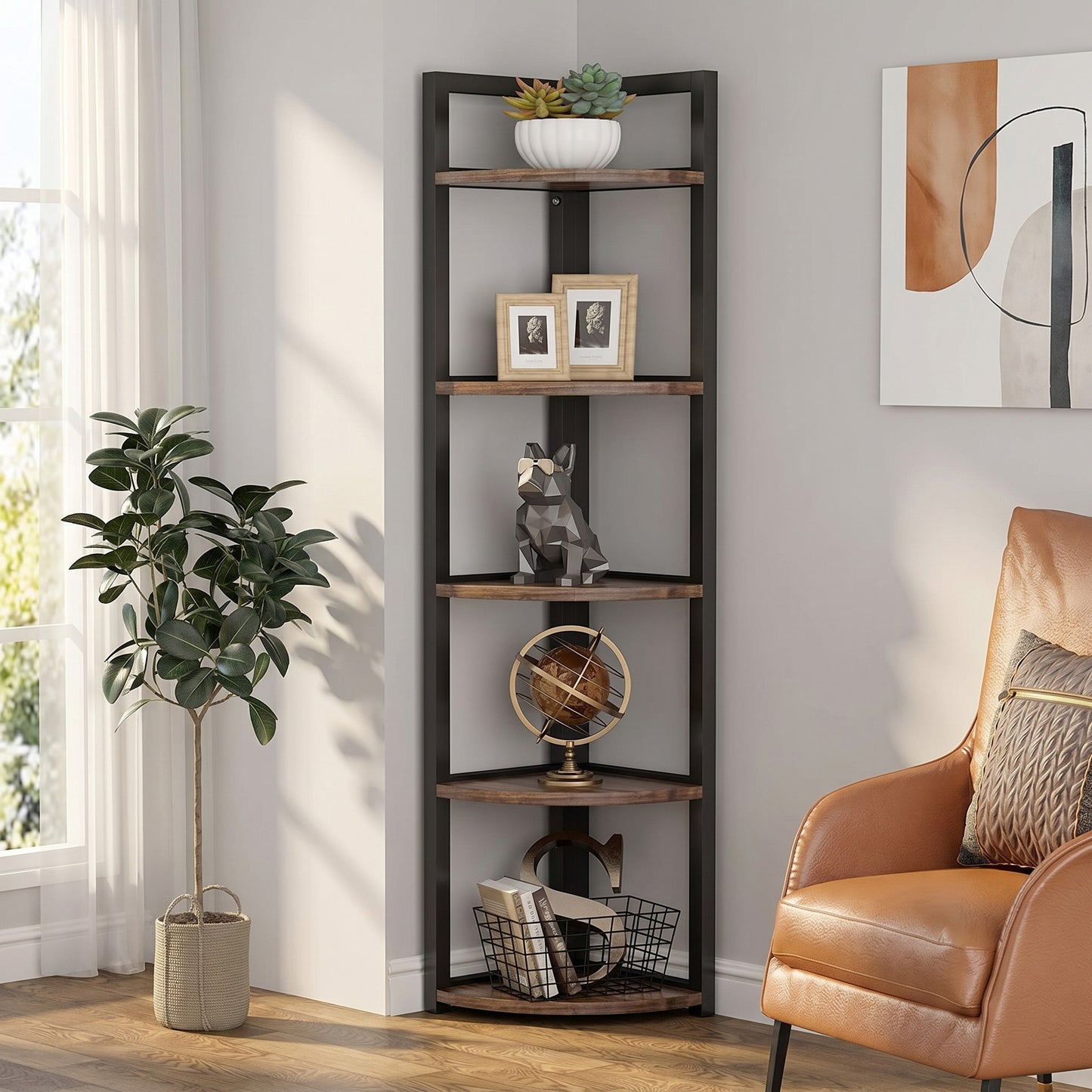 Optima  5 Tier Rustic Wood & Steel Corner Shelf Organizer Unit