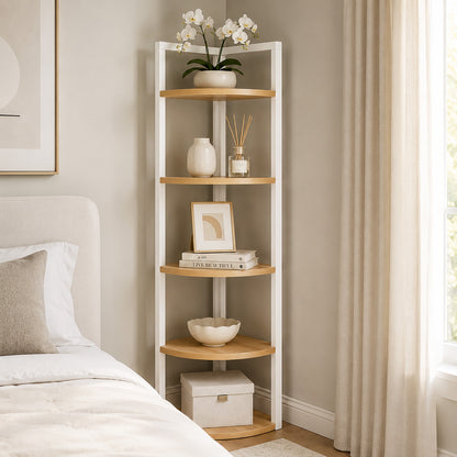 Optima 5 Tier Wood & Steel Corner Shelf Organizer Unit (Rustic Oak & White)