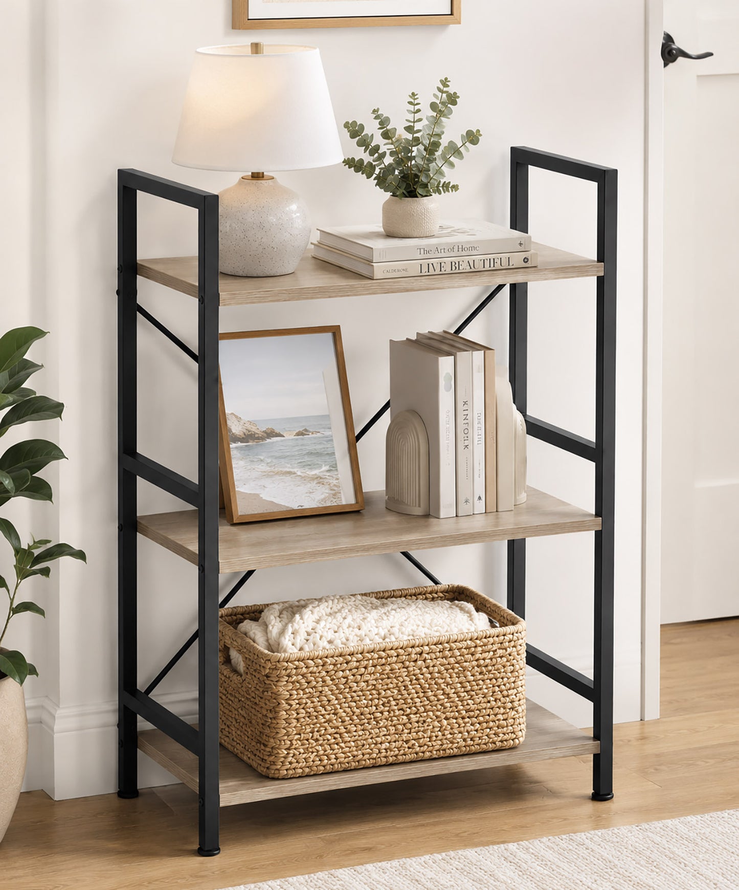 Multifunction Bookcase 3 Tier Wood Steel Storage Shelf Organizer (Coastal Oak)