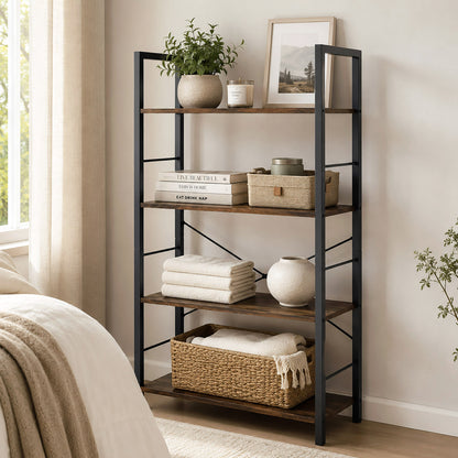 Multifunction Bookcase 4 Tier Rustic Wood & Steel Storage Shelf Organizer