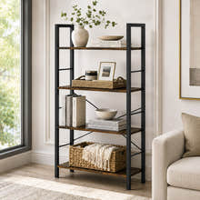 Multifunction Bookcase 4 Tier Rustic Wood & Steel Storage Shelf Organizer
