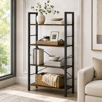 Multifunction Bookcase 4 Tier Rustic Wood & Steel Storage Shelf Organizer