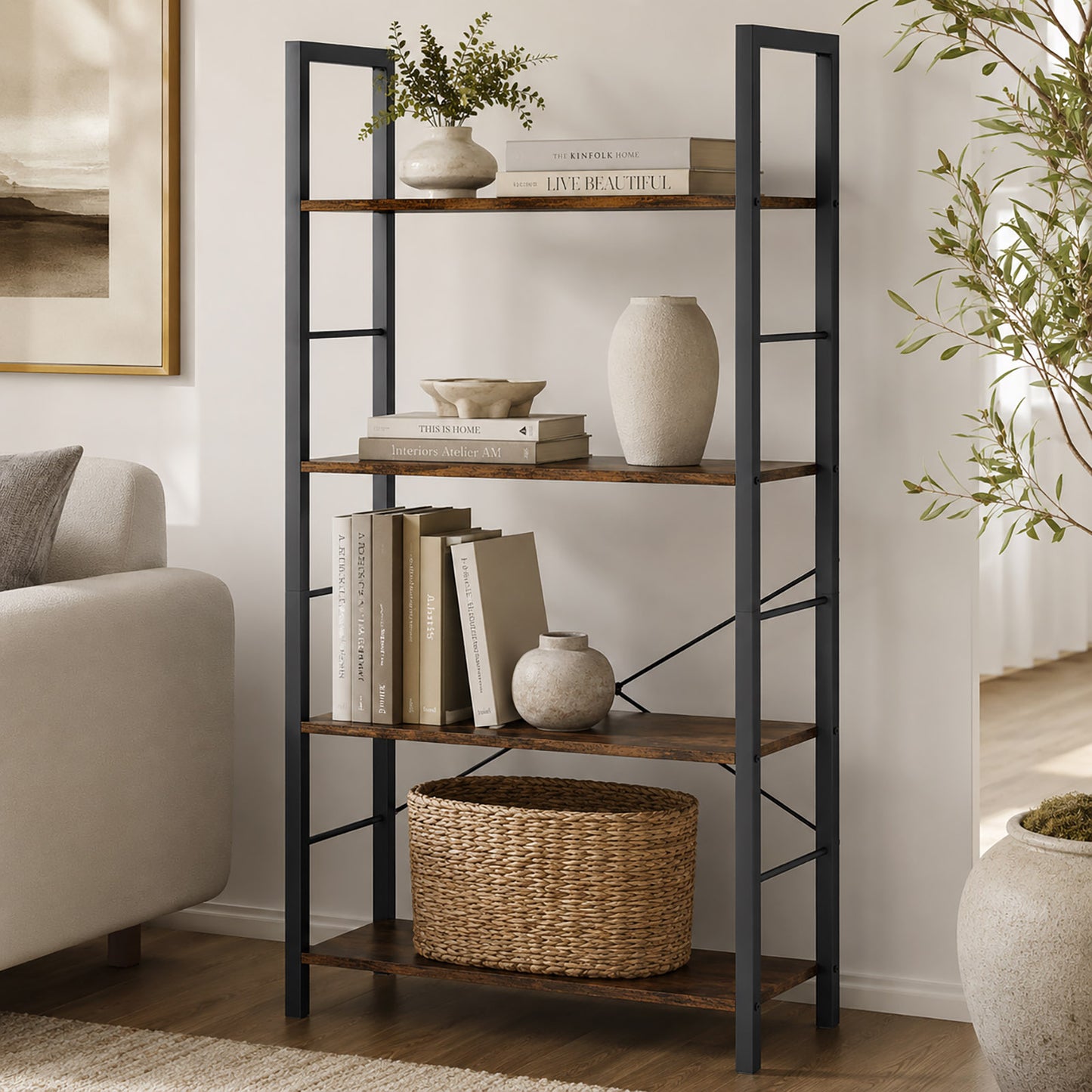 Multifunction Bookcase 4 Tier Rustic Wood & Steel Storage Shelf Organizer