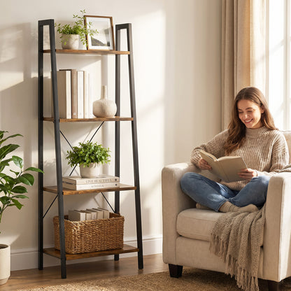 Elevate Rustic Wood & Metal 4-Tier Ladder Shelf Bookcase Storage Organizer