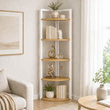 Optima 5 Tier Wood & Steel Corner Shelf Organizer Unit (Rustic Oak & White)