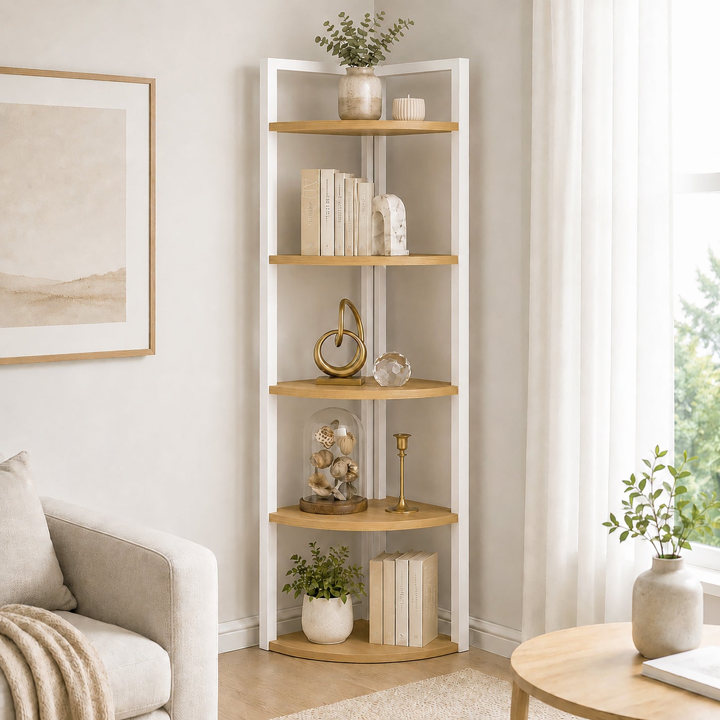 Optima 5 Tier Wood & Steel Corner Shelf Organizer Unit (Rustic Oak & White)