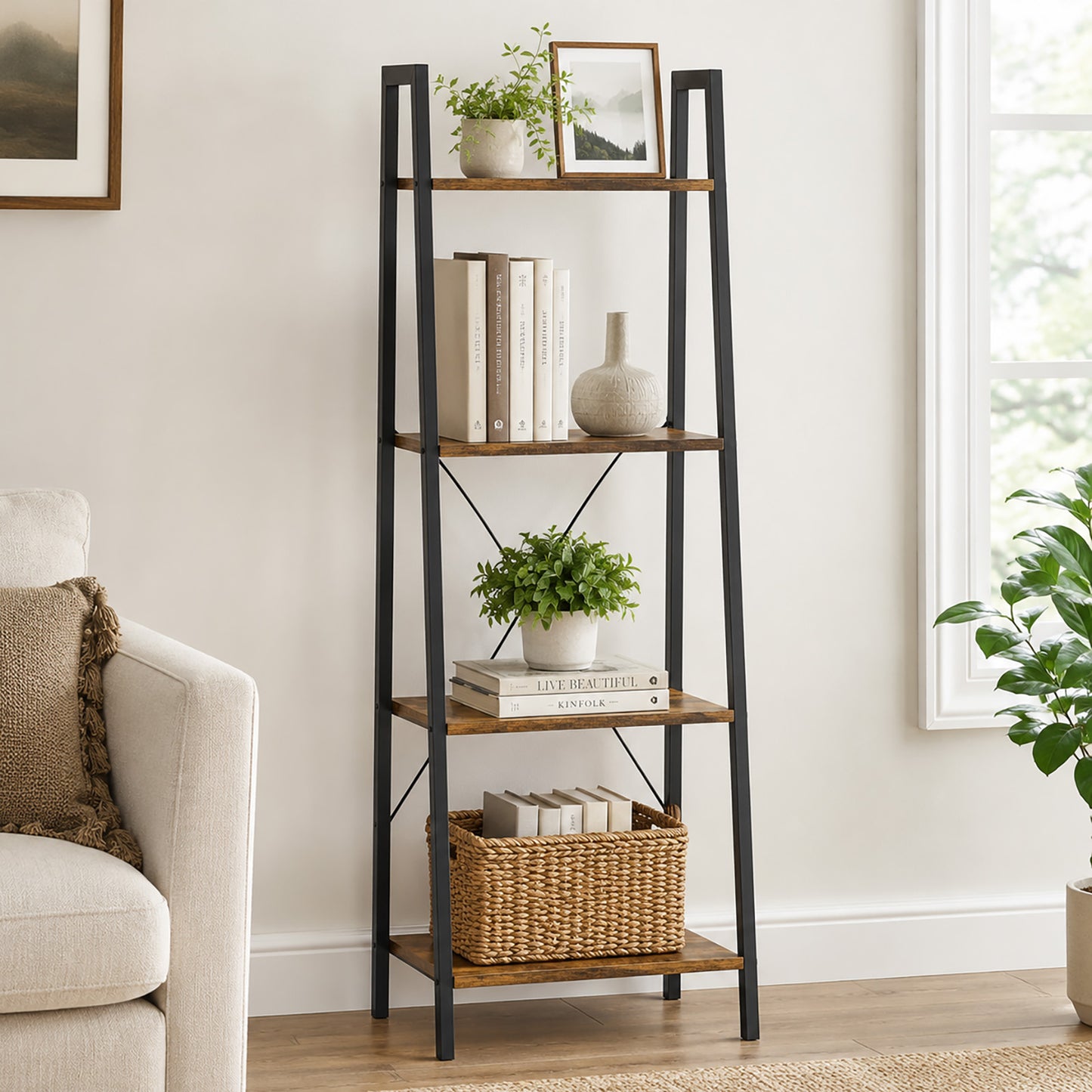 Elevate Rustic Wood & Metal 4-Tier Ladder Shelf Bookcase Storage Organizer