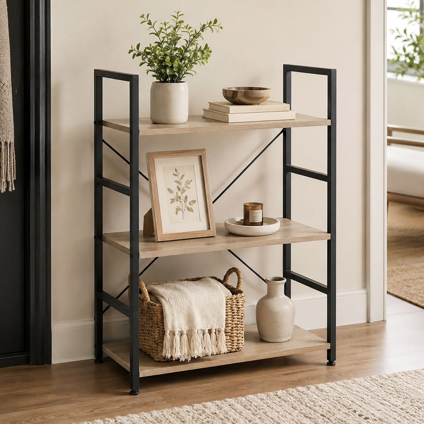 Multifunction Bookcase 3 Tier Wood Steel Storage Shelf Organizer (Coastal Oak)