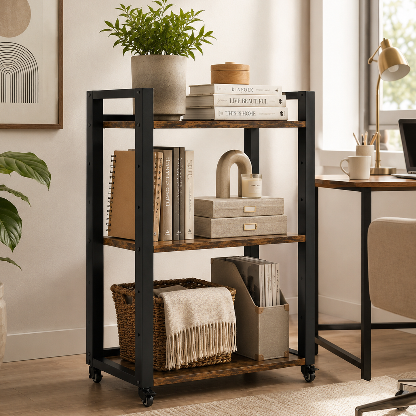 Fortis Rustic Wood and Steel Multipurpose Utility Trolley Storage Shelf Organizer