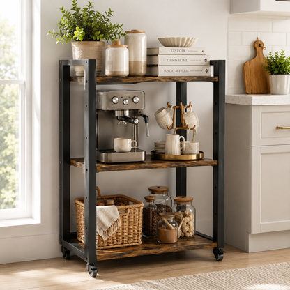 Fortis Rustic Wood and Steel Multipurpose Utility Trolley Storage Shelf Organizer