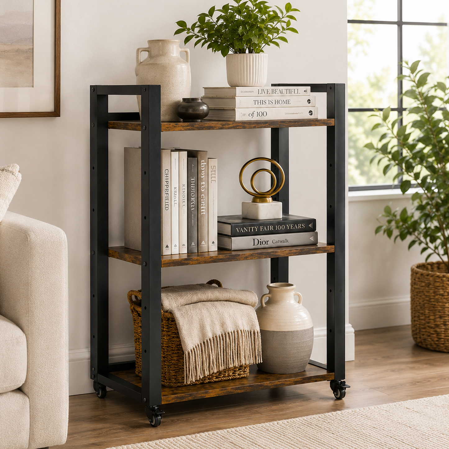 Fortis Rustic Wood and Steel Multipurpose Utility Trolley Storage Shelf Organizer
