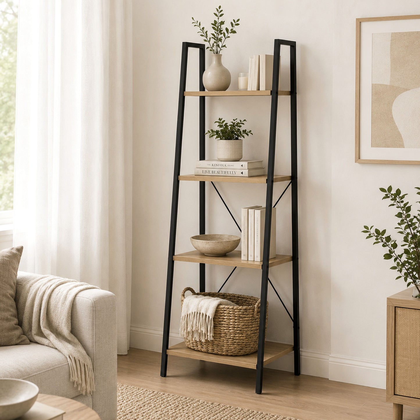 Elevate Rustic Oak 4-Tier Ladder Shelf Wood & Metal Bookcase Storage Organizer