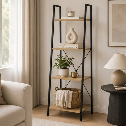Elevate Rustic Oak 4-Tier Ladder Shelf Wood & Metal Bookcase Storage Organizer