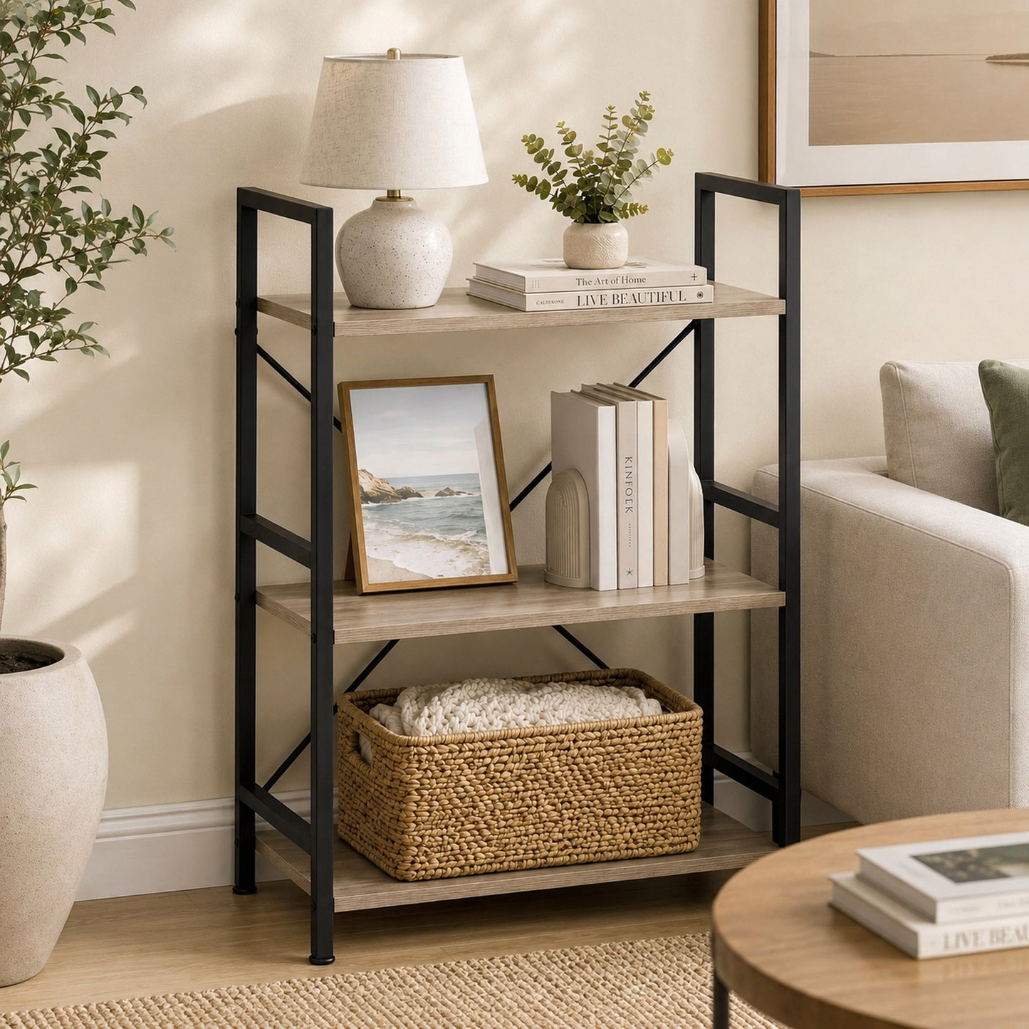 Multifunction Bookcase 3 Tier Wood Steel Storage Shelf Organizer (Coastal Oak)