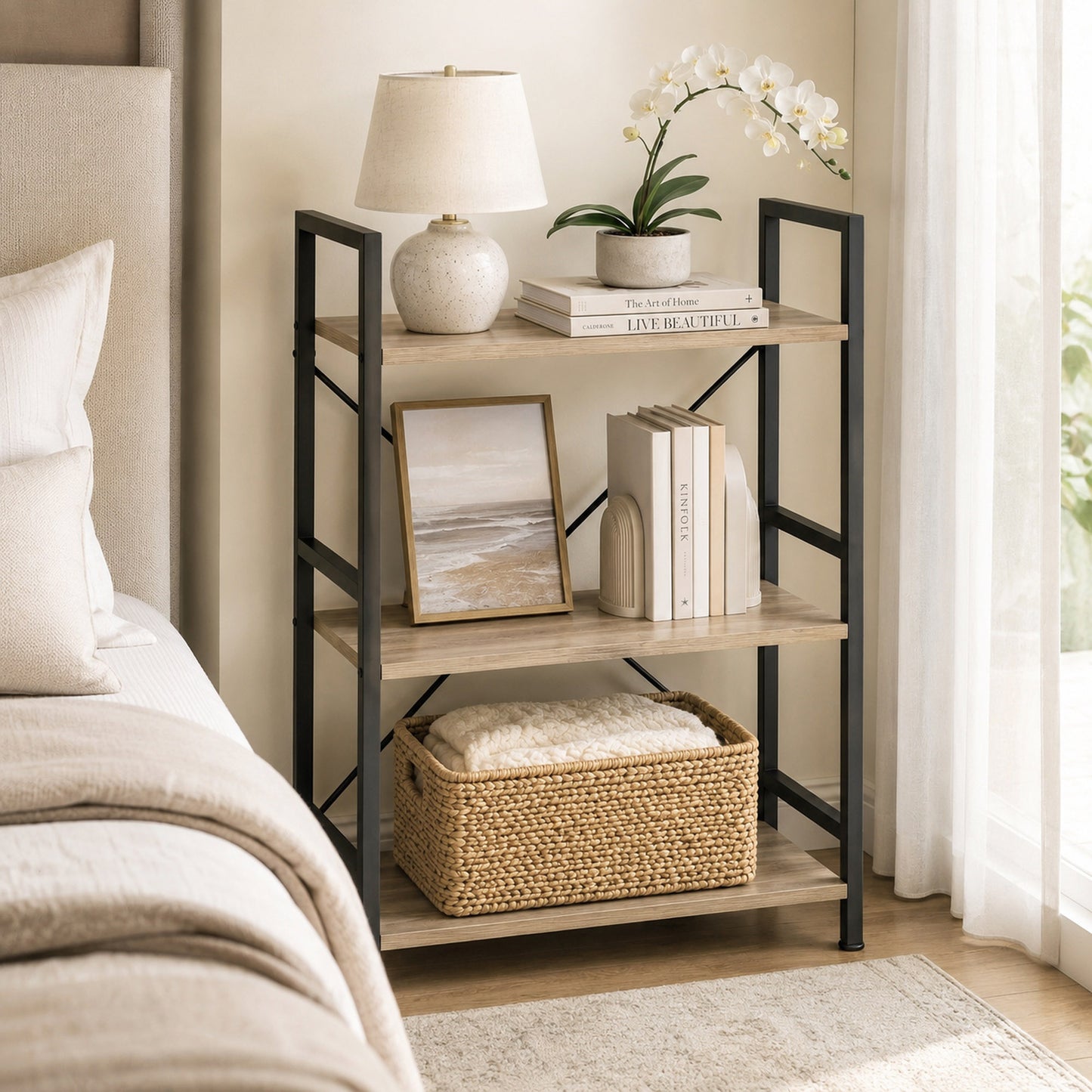 Multifunction Bookcase 3 Tier Wood Steel Storage Shelf Organizer (Coastal Oak)