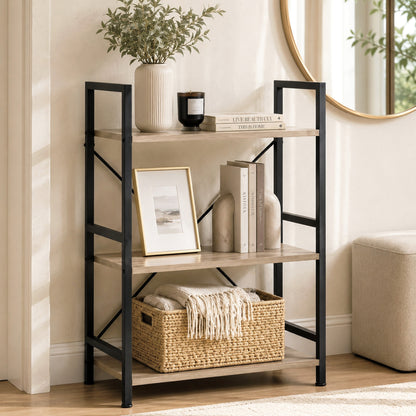 Multifunction Bookcase 3 Tier Wood Steel Storage Shelf Organizer (Coastal Oak)