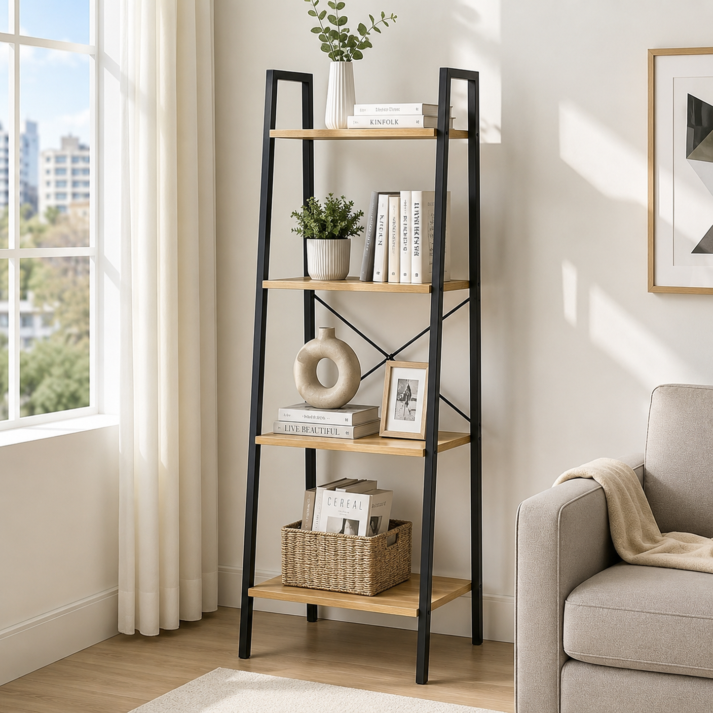 Elevate Rustic Oak 4-Tier Ladder Shelf Wood & Metal Bookcase Storage Organizer