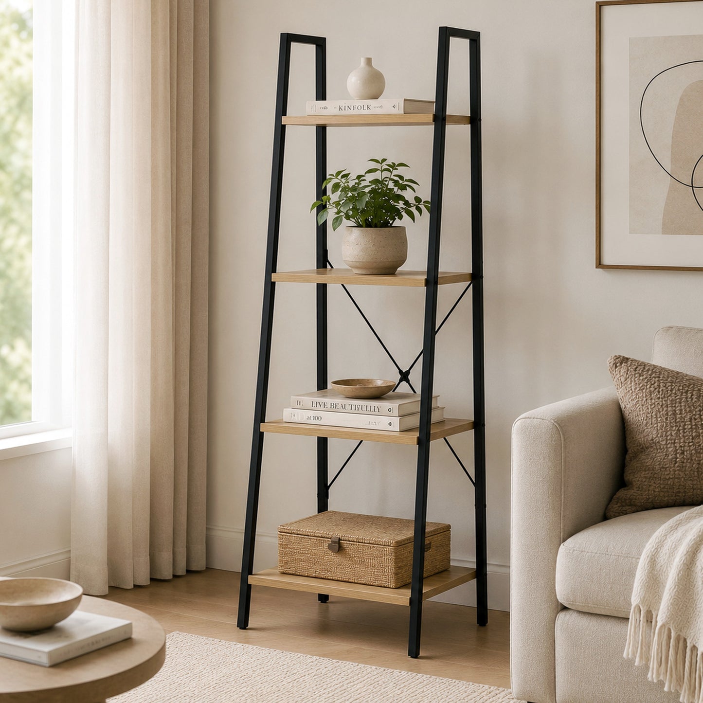 Elevate Rustic Oak 4-Tier Ladder Shelf Wood & Metal Bookcase Storage Organizer