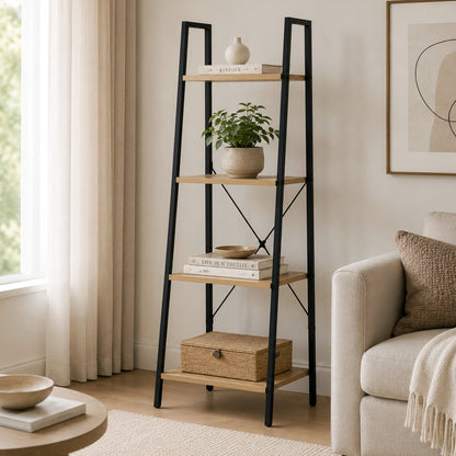 Elevate Rustic Oak 4-Tier Ladder Shelf Wood & Metal Bookcase Storage Organizer