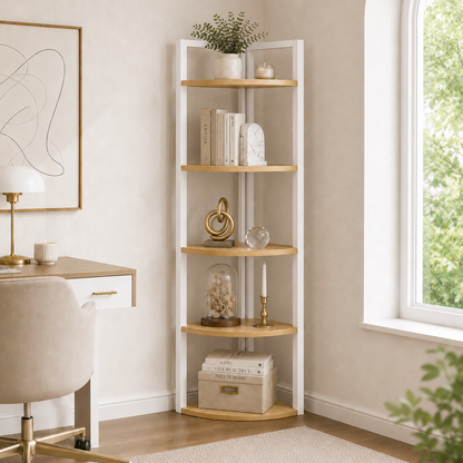 Optima 5 Tier Wood & Steel Corner Shelf Organizer Unit (Rustic Oak & White)