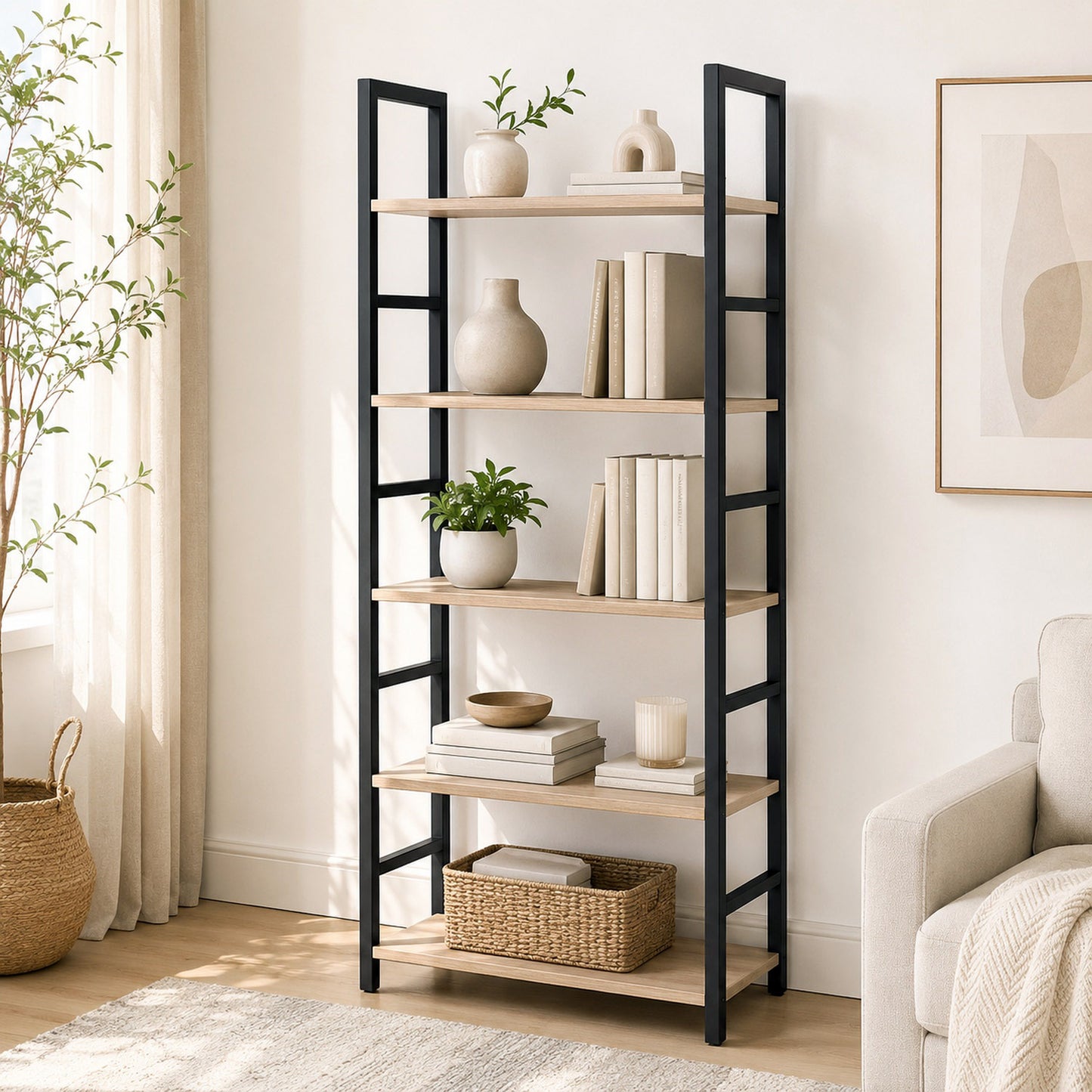 5 Tier Multifunction Heavy Duty Bookcase Wood & Steel Storage Shelf Organizer (Coastal Oak)