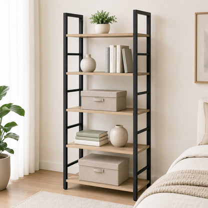 5 Tier Multifunction Heavy Duty Bookcase Wood & Steel Storage Shelf Organizer (Coastal Oak)
