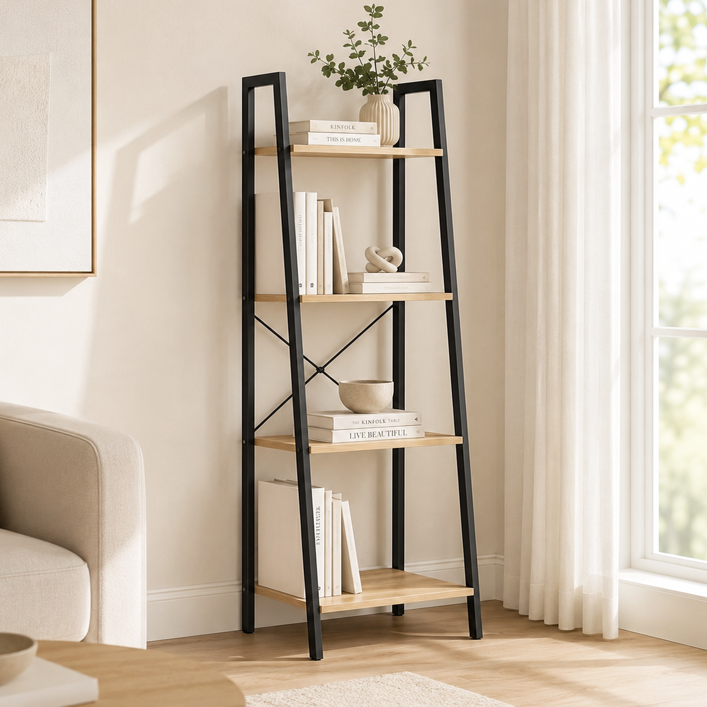 Elevate Rustic Oak 4-Tier Ladder Shelf Wood & Metal Bookcase Storage Organizer