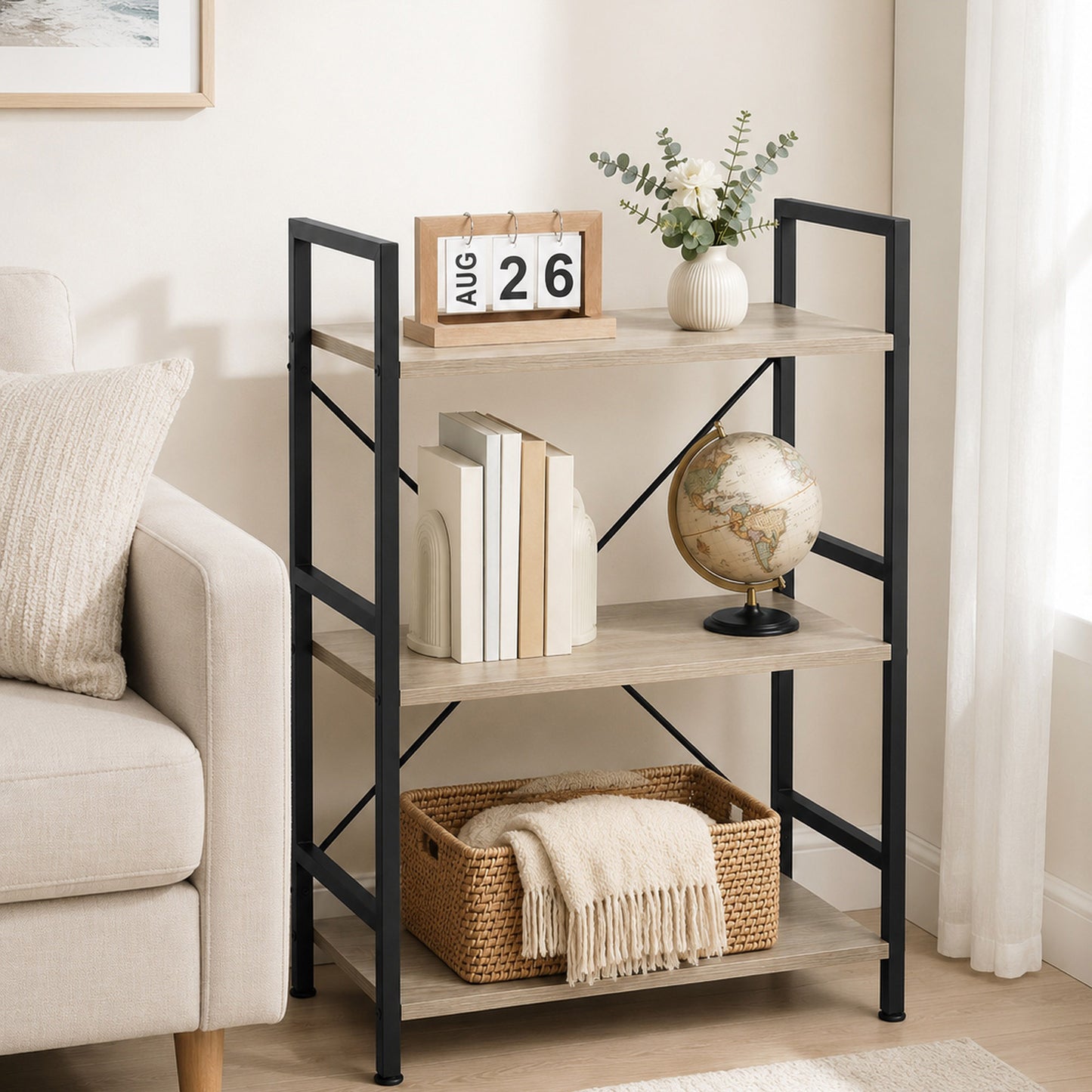 Multifunction Bookcase 3 Tier Wood Steel Storage Shelf Organizer (Coastal Oak)