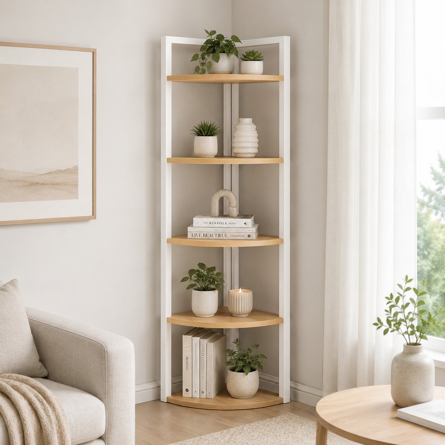 Optima 5 Tier Wood & Steel Corner Shelf Organizer Unit (Rustic Oak & White)