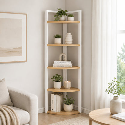 Optima 5 Tier Wood & Steel Corner Shelf Organizer Unit (Rustic Oak & White)
