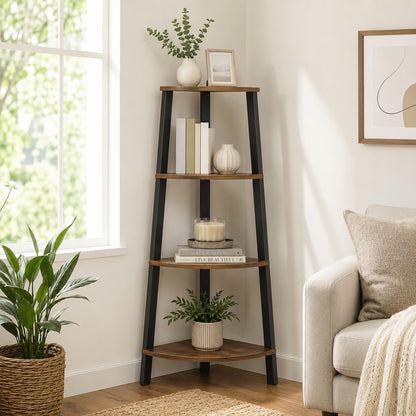 4-Tier Corner Ladder Shelf Unit Rustic Wood & Steel Display Stand Storage Rack