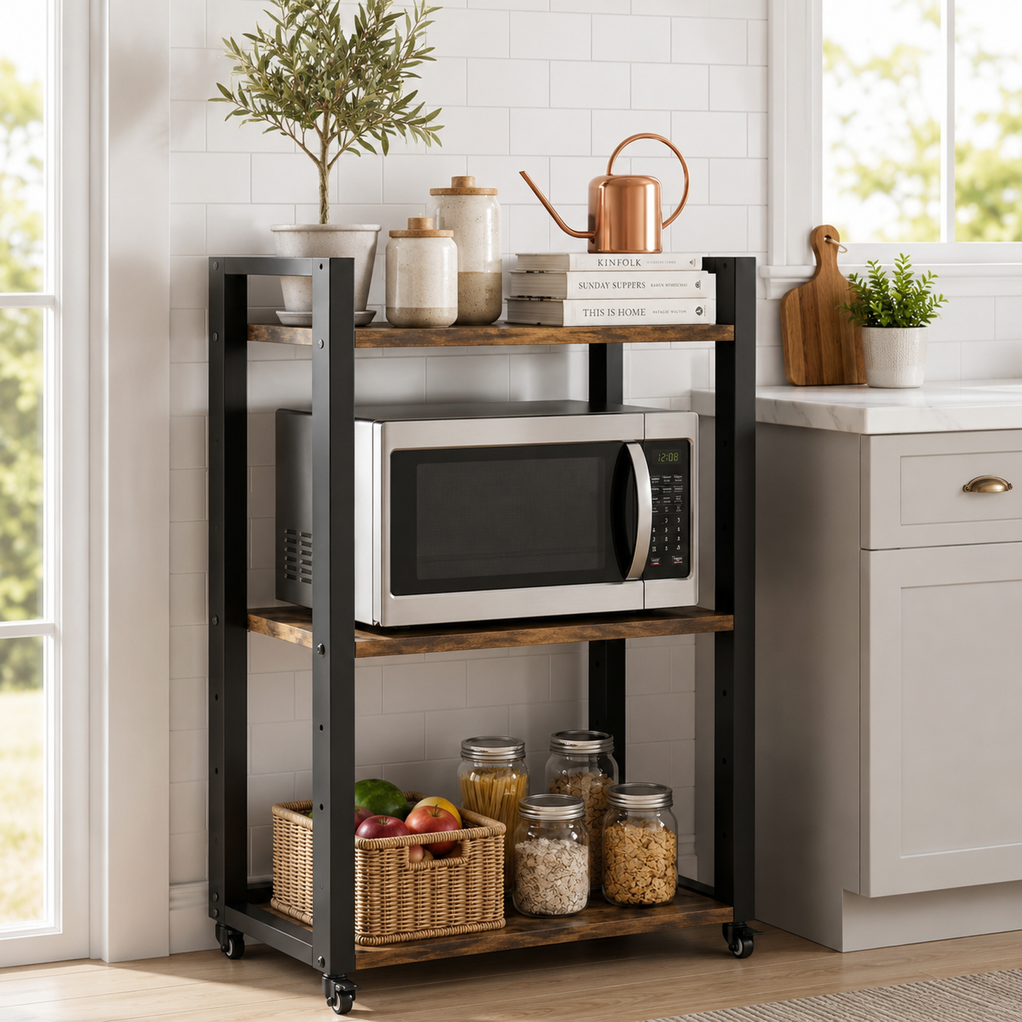 Fortis Rustic Wood and Steel Multipurpose Utility Trolley Storage Shelf Organizer