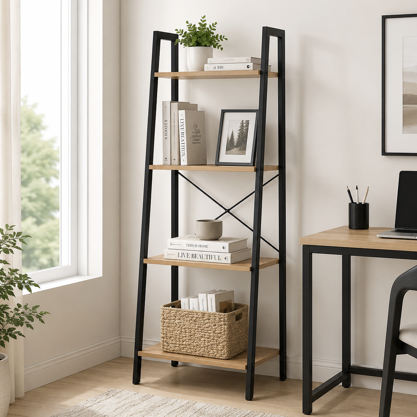 Elevate Rustic Oak 4-Tier Ladder Shelf Wood & Metal Bookcase Storage Organizer
