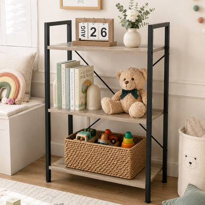 Multifunction Bookcase 3 Tier Wood Steel Storage Shelf Organizer (Coastal Oak)