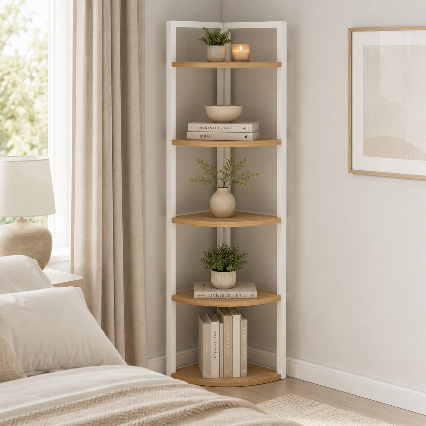 Optima 5 Tier Wood & Steel Corner Shelf Organizer Unit (Rustic Oak & White)