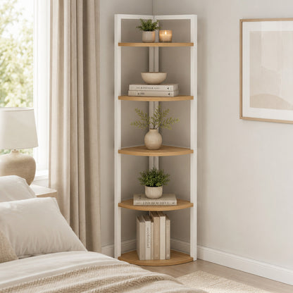 Optima 5 Tier Wood & Steel Corner Shelf Organizer Unit (Rustic Oak & White)