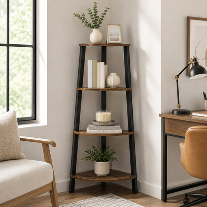4-Tier Corner Ladder Shelf Unit Rustic Wood & Steel Display Stand Storage Rack