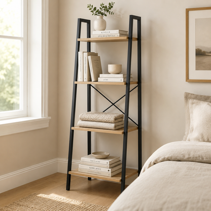 Elevate Rustic Oak 4-Tier Ladder Shelf Wood & Metal Bookcase Storage Organizer