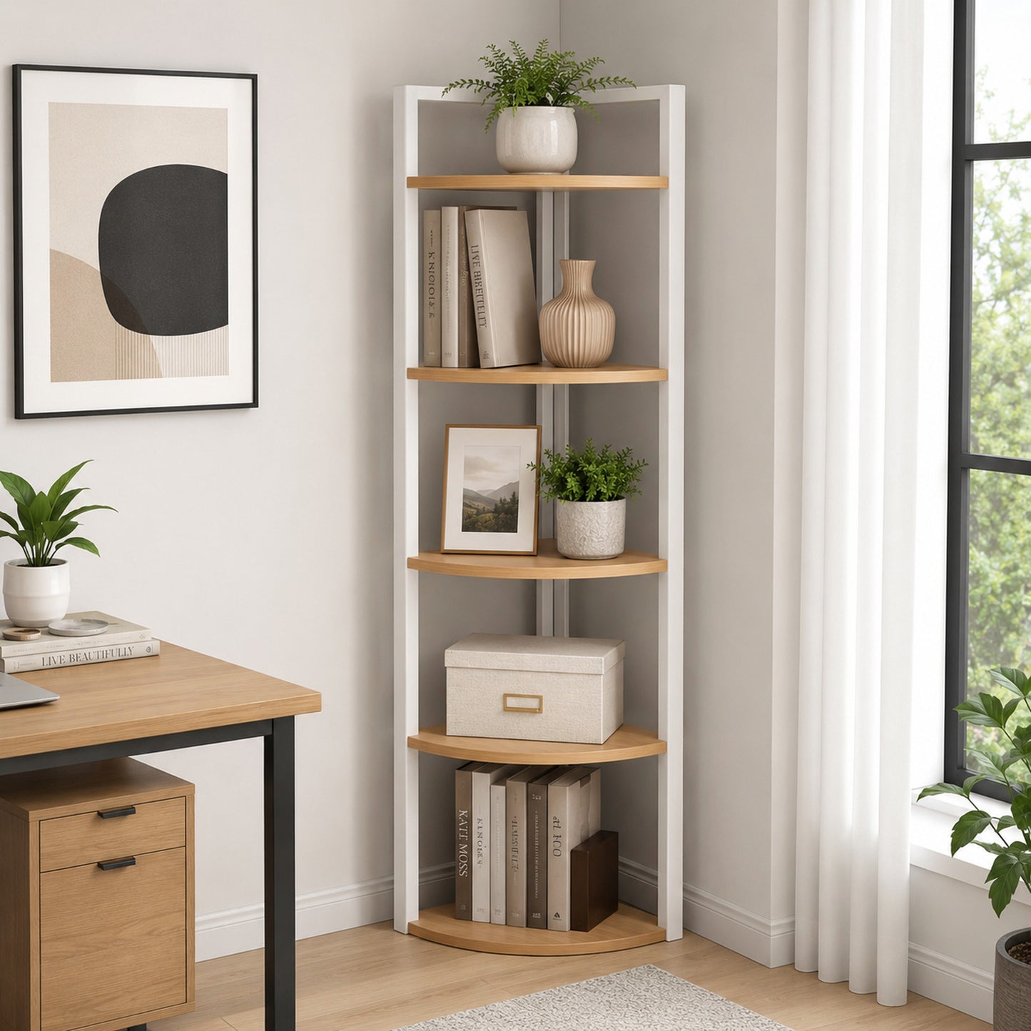 Optima 5 Tier Wood & Steel Corner Shelf Organizer Unit (Rustic Oak & White)