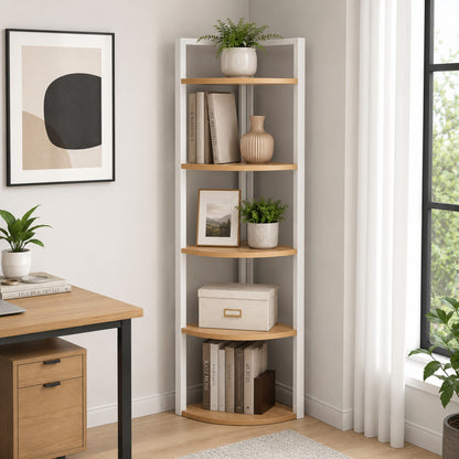 Optima 5 Tier Wood & Steel Corner Shelf Organizer Unit (Rustic Oak & White)