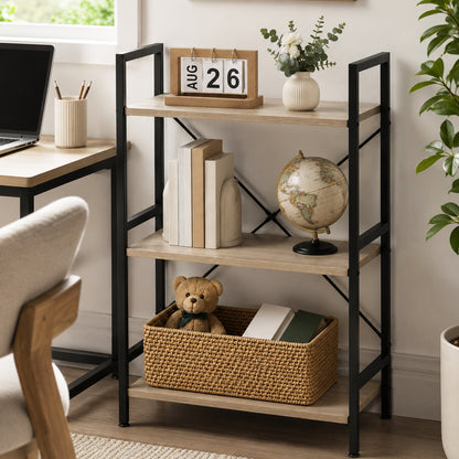 Multifunction Bookcase 3 Tier Wood Steel Storage Shelf Organizer (Coastal Oak)